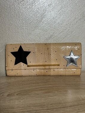 Brian Atwood Beige Snake Leather Print  Clutch